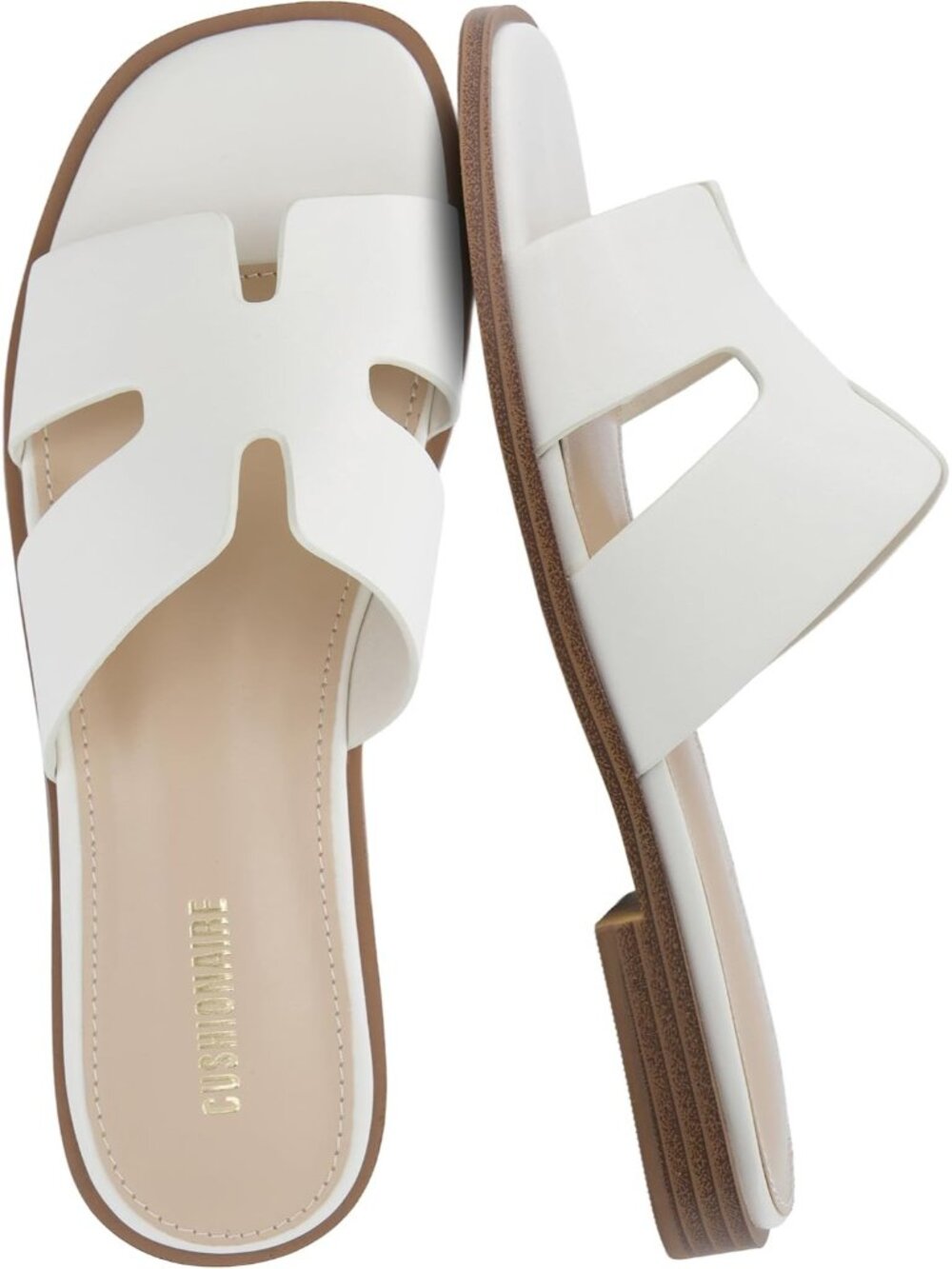 Women's Cream Memory Foam Vegan Leather Cutout Strap Slides Slip On Flat Shoes